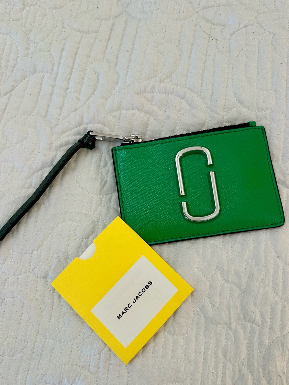 Marc Jacob’s Top Zip Multi Wallet in Green Saffiano Leather Silver Tone Hardware